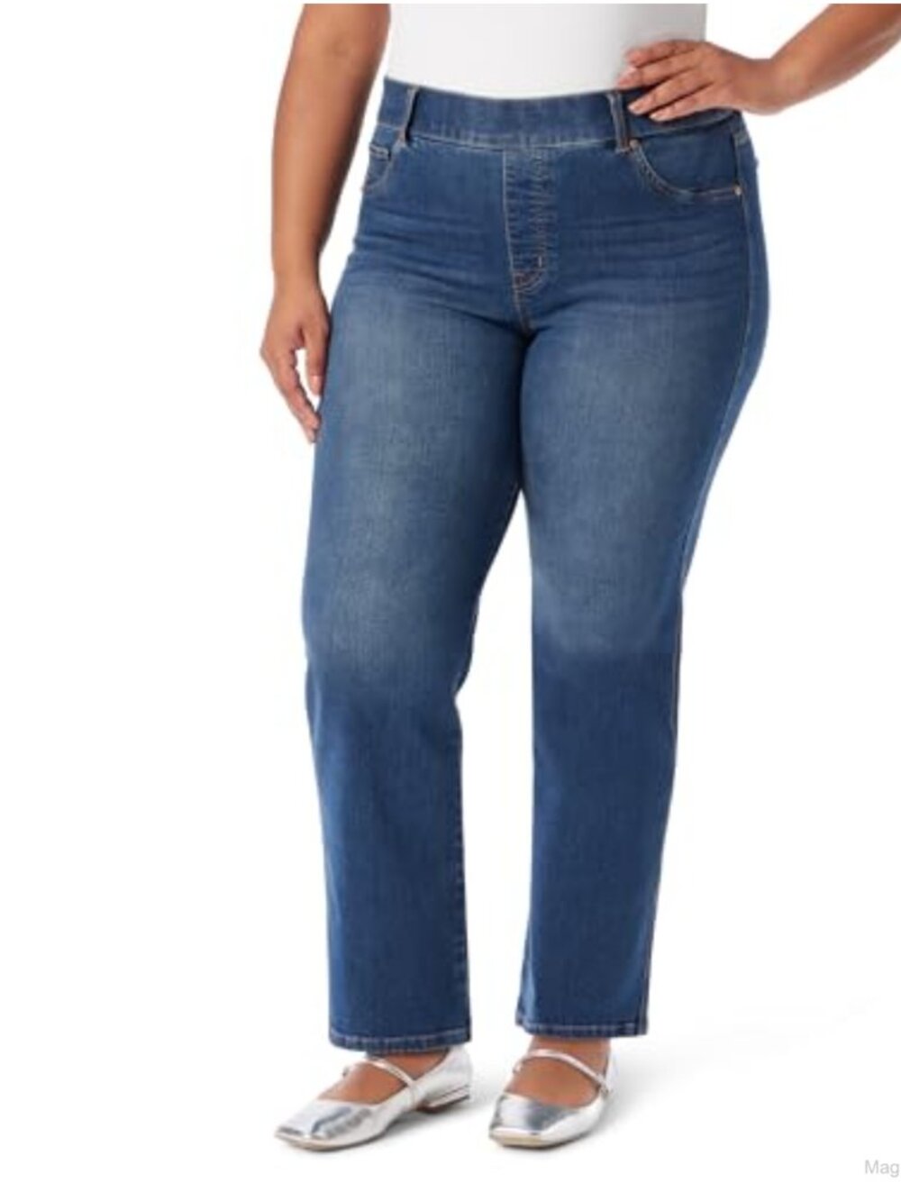 High Rise Pull On Straight Leg Jeans Plus Size Cotton Stretch